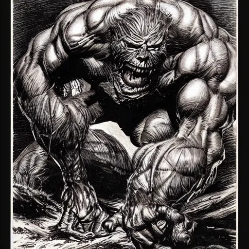 Image similar to hairy, thick muscled, overbearing, hungry, menacing, giant painted by bernie wrightson,