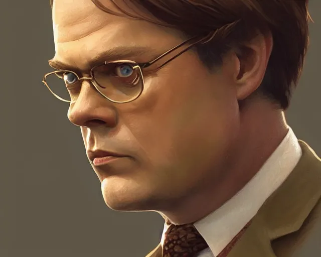 Image similar to close up of dwight schrute wearing a brown suit, mustard yellow dress shirt and necktie, focus, d & d, intricate, elegant, highly detailed, digital painting, artstation, concept art, matte, sharp focus, illustration, hearthstone, art by artgerm and greg rutkowski and alphonse mucha