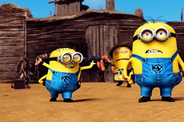 Image similar to minion cowboy holding a gun shootout, 3 5 mm scene from a western movie, 1 9 8 6, color