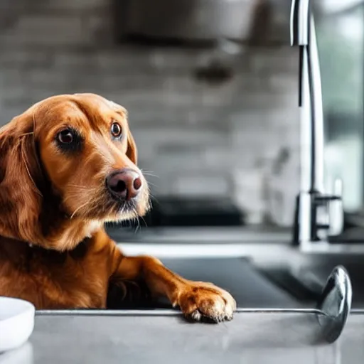 Image similar to a very detailed and sharp photo of a dog doing the dishes