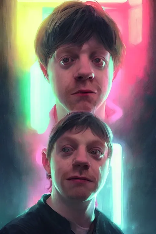 Image similar to portrait of Rupert Grint as Ron Wisly with visor in cyberpunk, neon lighting, night city, digital art from artstation by Ruan Jia and Mandy Jurgens and Artgerm and william-adolphe bouguereau and Greg Rutkowski