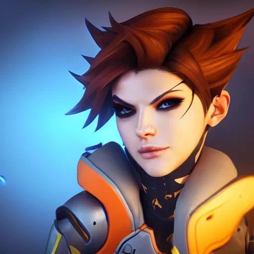 Image similar to tracer overwatch wearing spiked collar, dark makeup, feminine facial features, detailed eyes, detailed face, artstation, 4 k,