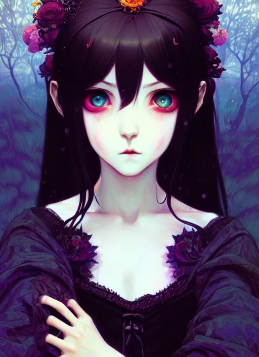 Image similar to portrait of beautiful gothic girl, cute face, intricate, highly detailed, digital painting, official media, anime key visual, concept art, rich vivid colors, ambient lighting, sharp focus, illustration, art by wlop and ilya kuvshinov and makoto shinkai and range murata and gustav klimt