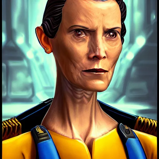 Prompt: grand admiral thrawn and karyn faro merged into one person, detailed, accurate, realistic, 4 k