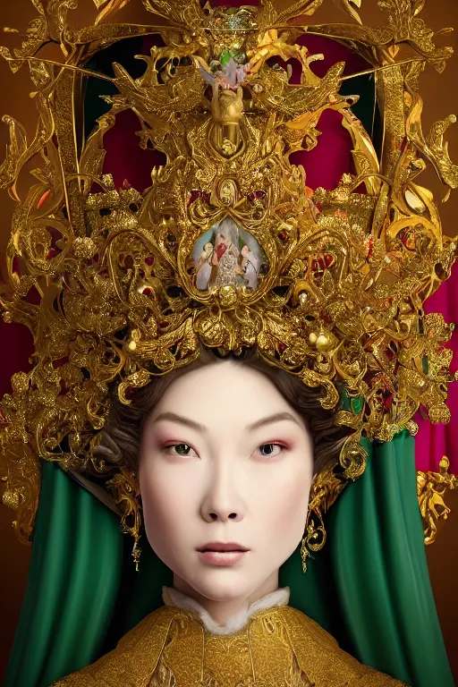 Prompt: a beautiful empress portrait, with a brilliant, impossible striking big Christmas headpiece, clothes Santa robes, everything Christmas, snow, symmetrical, dramatic studio lighting, rococo, baroque, greens, asian, hyperrealism, closeup, D&D, fantasy, intricate, elegant, highly detailed, digital painting, artstation, octane render, 8k, concept art, matte, sharp focus, illustration, art by Artgerm and Greg Rutkowski and Alphonse Mucha