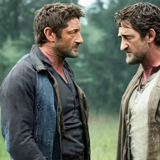 Image similar to Still of Gerard Butler and Russel Crow pointing at each other