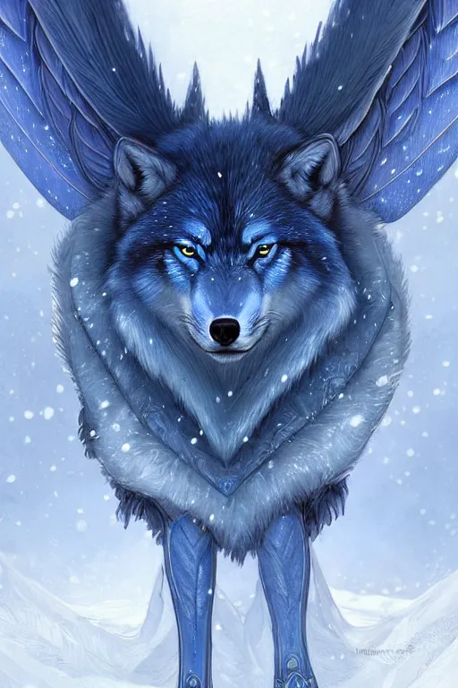 Image similar to blue wolf with wings, facing front, regal, elegant, winter, snow, beautiful, stunning, hd, illustration, epic, d & d, fantasy, intricate, elegant, highly detailed, digital painting, artstation, concept art, smooth, sharp focus, illustration, wallpaper, art by artgerm and greg rutkowski and alphonse mucha and jin xiaodi