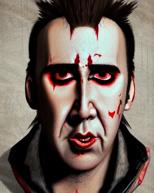 Prompt: nicolas cage with a short red dyed mohawk, red eyes and a slim face, gauged ears, dressed in crustpunk clothing, headshot, attractive, handsome, in color, no makeup, model, trending on artstation, high quality art, character design, realism