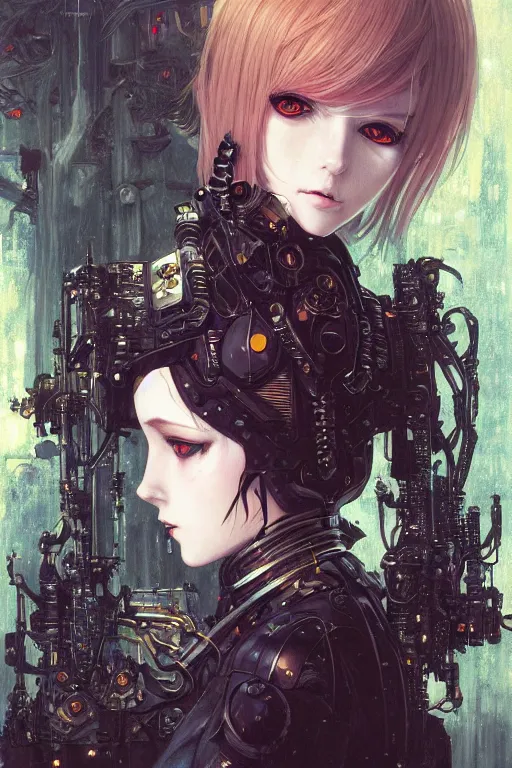 Image similar to portrait of beautiful young gothic maiden, cyberpunk, Warhammer, highly detailed, artstation, illustration, art by Gustav Klimt and Range Murata and Ilya Kuvshinov