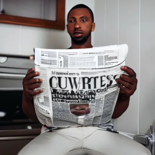 Prompt: a black male with muscle sitting on a toilet reading newspaper