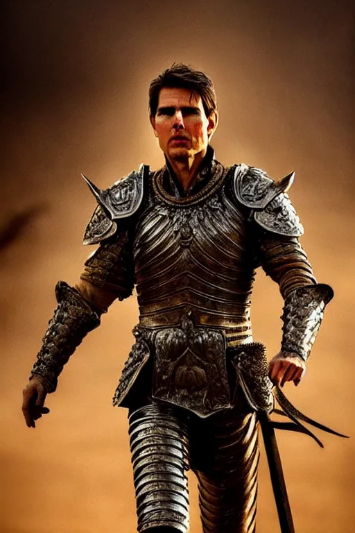 Prompt: Tom Cruise at the king in the desert, beautiful face, fighting in a dark scene, eyes, detailed scene, standing in a heroic figure, Armour and Crown, highly detailed, blood and dust in the air, action scene, cinematic lighting, dramatic lighting, trending on artstation, elegant, intricate, character design, motion and action and tragedy, fantasy, D&D, highly detailed, digital painting, concept art