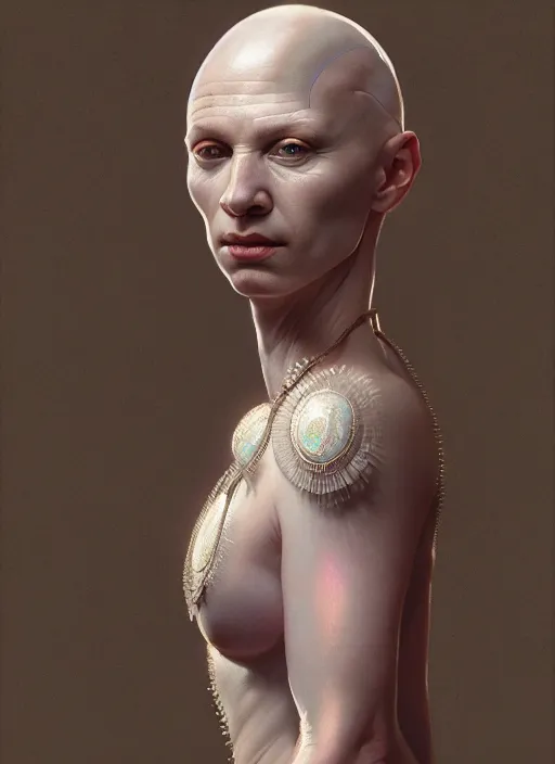 Image similar to portrait of an albino bald sick oracle, ancient oracle, intricate, elegant, glowing lights, highly detailed, digital painting, artstation, concept art, smooth, sharp focus, art by wlop, mars ravelo and greg rutkowski