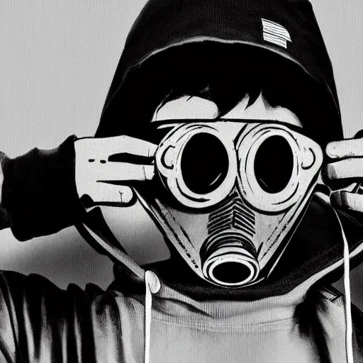 Prompt: higly details of gas mask asian guys holding his blue hoodie sleeve, black and white effect, banksy art style