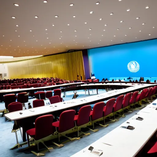 Prompt: united nations negotiating chamber, no people, 8 k photorealistic