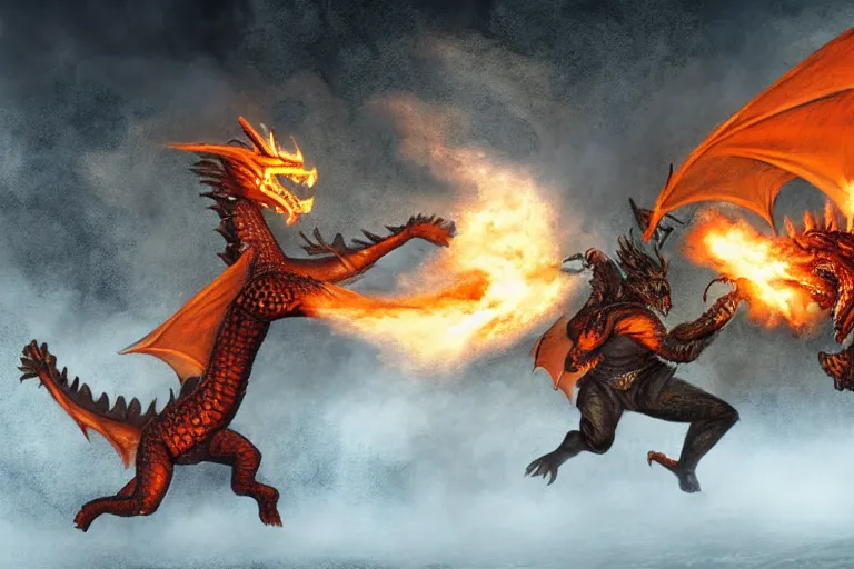 Prompt: a fire breathing dragon attacking a viking warrior