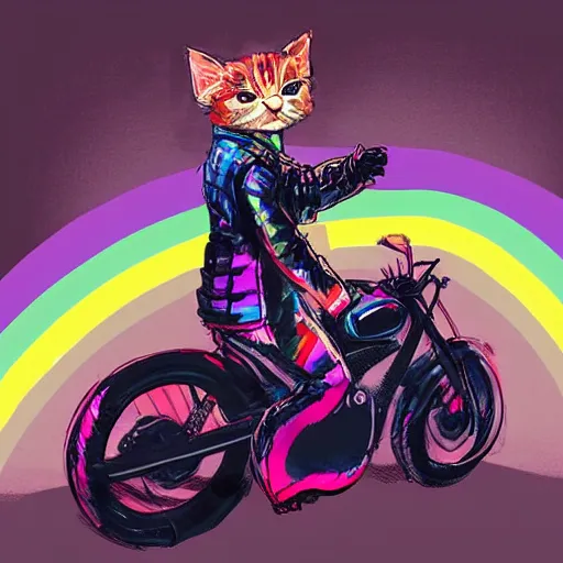 Image similar to wide angle full body, jacket wearing fluffy cute rainbow kitten wearing a black leather motorcycle jacket, riding on a motorcycle, cinematic concept art