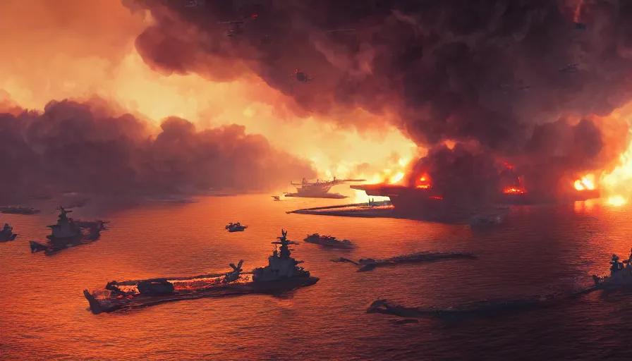 Prompt: burning sinking aircraft carrier with little boats trying to put out the fire at sunset, hyperdetailed, artstation, cgsociety, 8 k