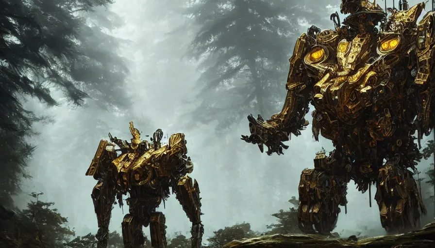 Prompt: large walking mech covered in gold and silver armor with elden ring aesthetic, covered in moss and birds, glowing lights, beautiful forests and trees, intricate detail, epic wallpaper, art by darek zabrocki and John Park and Feng Zhu and Jason Chan, trending on artstation, masterpiece.