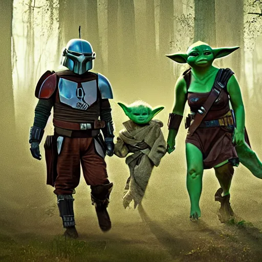 Image similar to mandalorian and baby yoda walking through swamp, stunning cinematography, light diffusion