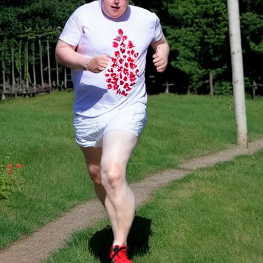 Prompt: Photo of Boris Johnson running, wearing a white t shirt and red shorts with a design of white flowers on them, sweaty