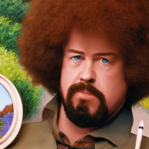 Image similar to a closeup photorealistic photograph of bob ross detailing a canvas painting of kenny powers. film still. brightly lit scene. this 4 k hd image is trending on artstation, featured on behance, well - rendered, extra crisp, features intricate detail, epic composition and the style of unreal engine.