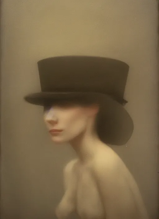 Prompt: out of focus photorealistic portrait of a beautiful pale young woman by sarah moon, dark face, tiny nose, wide face, very blurry, translucent white skin, closed eyes, foggy, closeup, with a weird hat