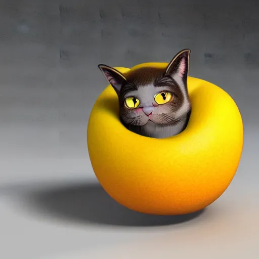 Image similar to multicolor 3 d render of funny cat as mango fruit by blender guru ultra realtic materials cycle render created at modern world in 4 k ultra high resolution, with funny feeling