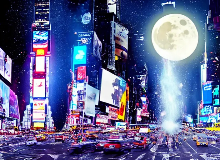 Image similar to film still of the moon shattering into pieces exploding moon over time square in the new sci - fi movie, 8 k, night time