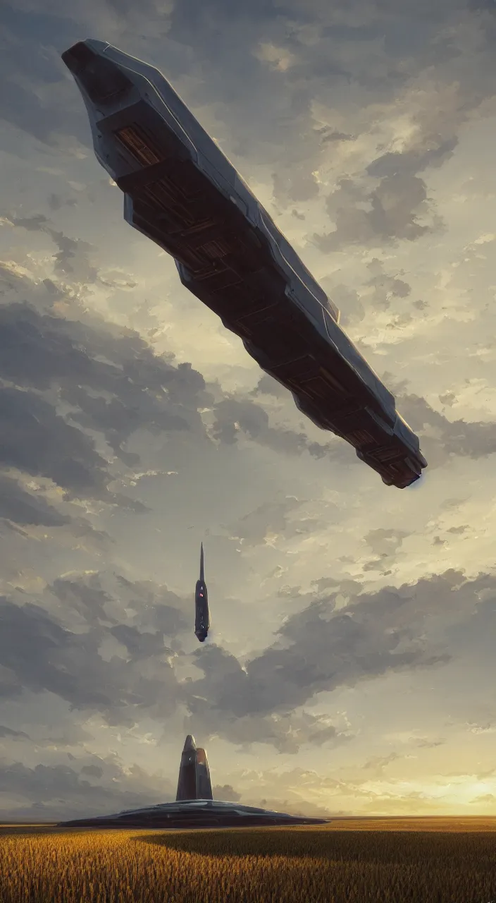 Image similar to wide shot of a tall and thin monolithic spaceship hovering vertically in the air 6 feet above a cornfield, late afternoon, golden hour, highly detailed, smooth, sharp focus, concept art by greg rutkowski and syd mead