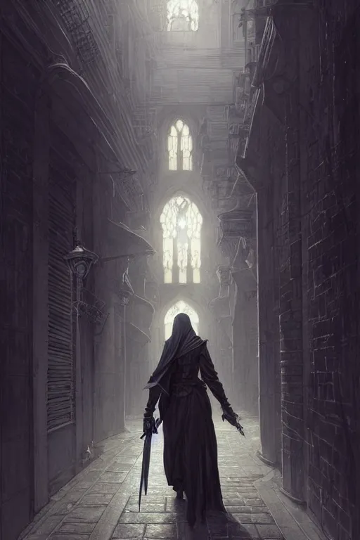 Prompt: an assassin walking in a dark gothic alley at night, high - key lighting, beautiful composition, intricate, gradient from black to silver, pro photography by, highly detailed, digital painting, art by artgerm and greg rutkowski and alphonse mucha, smooth, sharp focus illustration