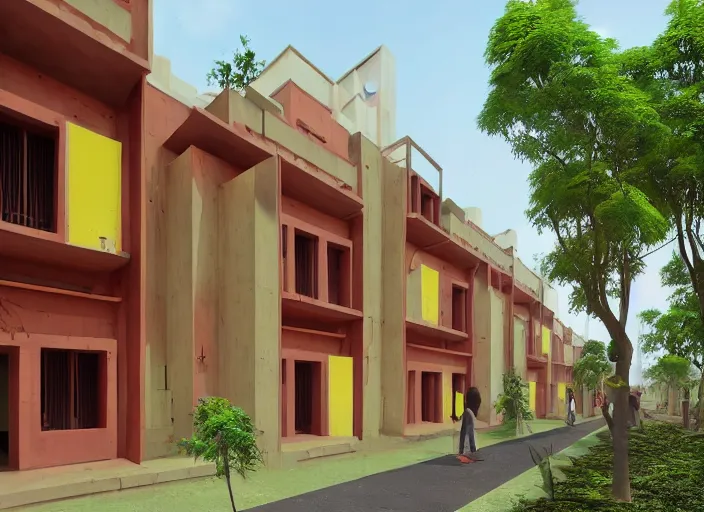 Image similar to low - cost housing designed by architect b v doshi, contemporary indian architecture style ; realistic, detailed, cel shaded, in the style of makoto shinkai and greg rutkowski and james gurney