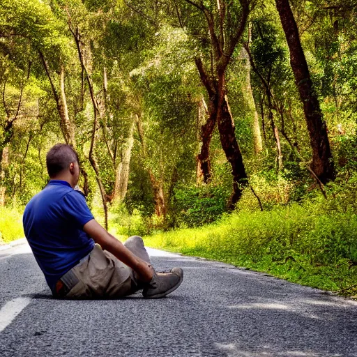 Prompt: A man sitting on a beautiful road in a forest with Nutmeg trees lined up on the side of the road with his back to the camera, professional photography