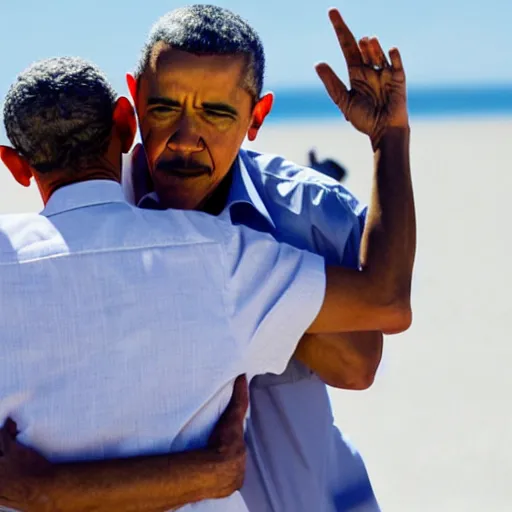 Image similar to Walter White hugging Barak Obama on the beach, artistic, 8k, dramatic lighting