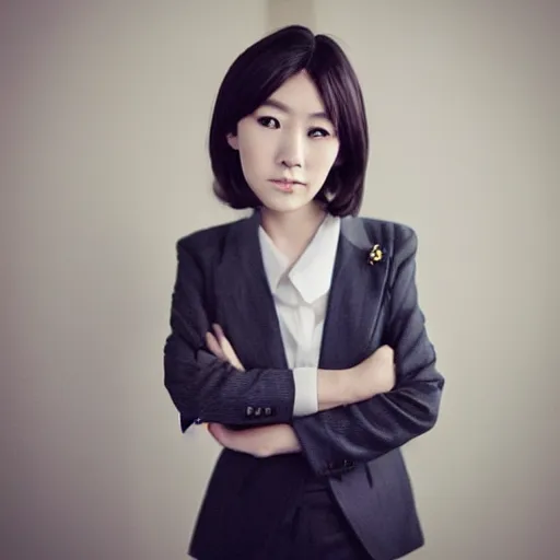 Image similar to a pretty young girl of 2 5, japanese, with big eyes, short shoulder - length hair and a suit ， by sam yang