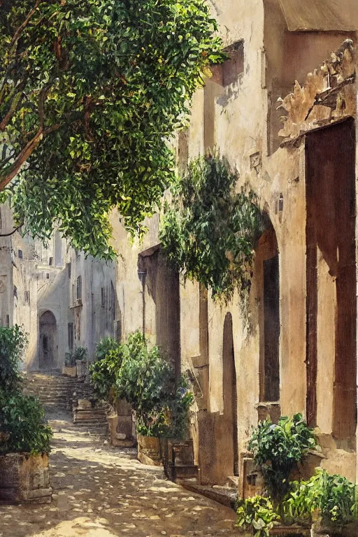 Prompt: painting of view of old European city with mix of middle eastern architecture fusion, greenary trees between houses, photoreal, stunning atmosphere landscape painting by Charles Leickert