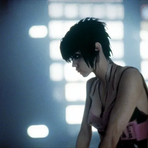 Prompt: a film portrait still of joan jett in blade runner, gritty cyberpunk atmosphere. realism, cinematic lighting, beautiful gothic fantasy photorealistic, 4 k. 8 mm. grainy. panavision.