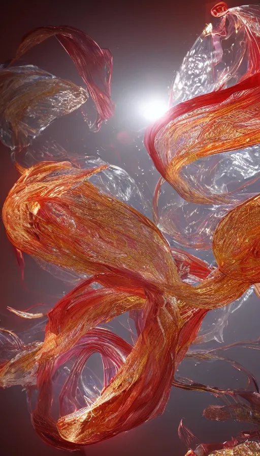 Image similar to 8 k uhd houdini recursive dna structure, background radiant swirling smoke wisps, gold red cream palette, volumetric lighting, 1 8 mm lens