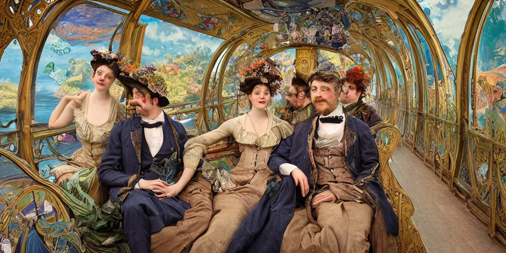 Prompt: incredibly beautiful breathtakingly detailed colour art nouveau photograph group portrait of an amazingly cool odd characterful couple sat down, in the inside of the beautiful underwater train to atlantis, every face amazingly clear detailed with lifelike expressions, full of crowd of people sat down wearing unusual clothes, by william powell frith and mucha, ultra wide angle, 4 k