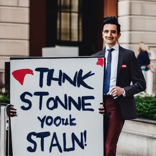 Image similar to a man wearing suite holding sign with text 'Thank you Stable Diffusion'