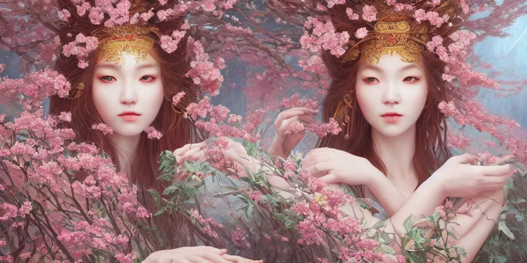 Image similar to breathtaking detailed concept art painting of the goddess of cherry blossom flowers, orthodox saint, with anxious, piercing eyes, ornate background, amalgamation of leaves and flowers, by Hsiao-Ron Cheng, James jean, Miho Hirano, Hayao Miyazaki, extremely moody lighting, 8K
