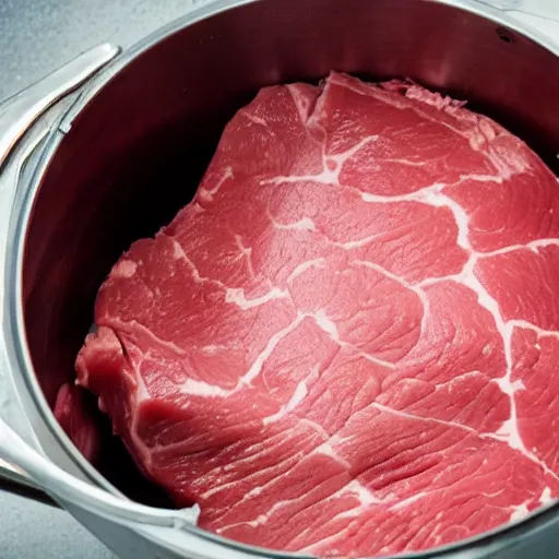 Prompt: a pot full of raw meat being mixed up, pov, 4 k