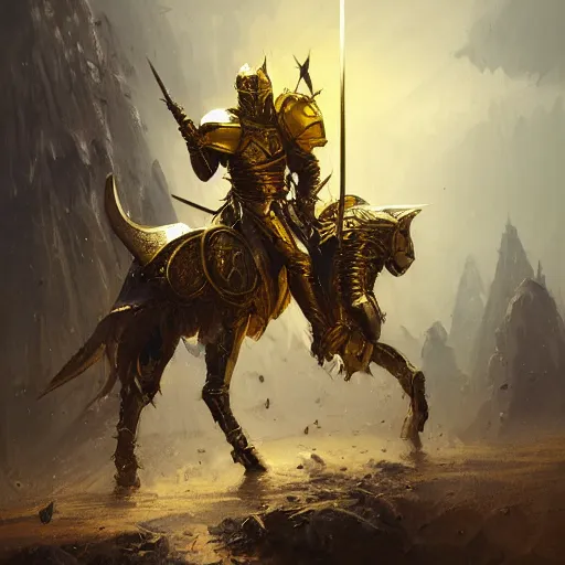 Image similar to anthropomorphic knight warrior in battle wearing black and gold plate armor, oil painting, Tooth Wu, Greg Rutkowski, RPG, dynamic lighting, fantasy art, High contrast, depth of field, landscape, scenery