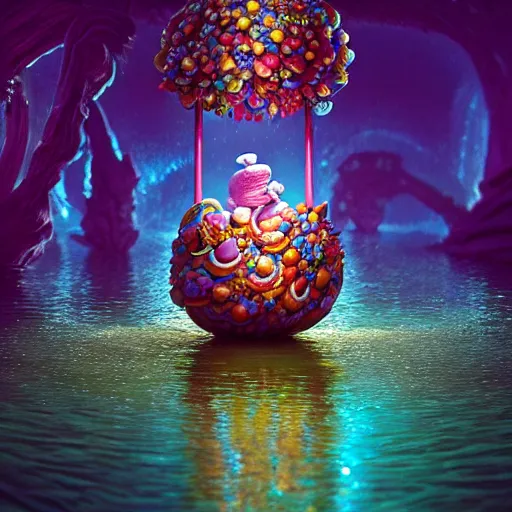 Image similar to macro, candy creature in candyland, water reflection, night, backlit, warm tones, bioluminescent : by michal karcz, daniel merriam, victo ngai and guillermo del toro : ornate, dynamic, particulate, intricate, elegant, highly detailed, centered, artstation, smooth, sharp focus, octane render