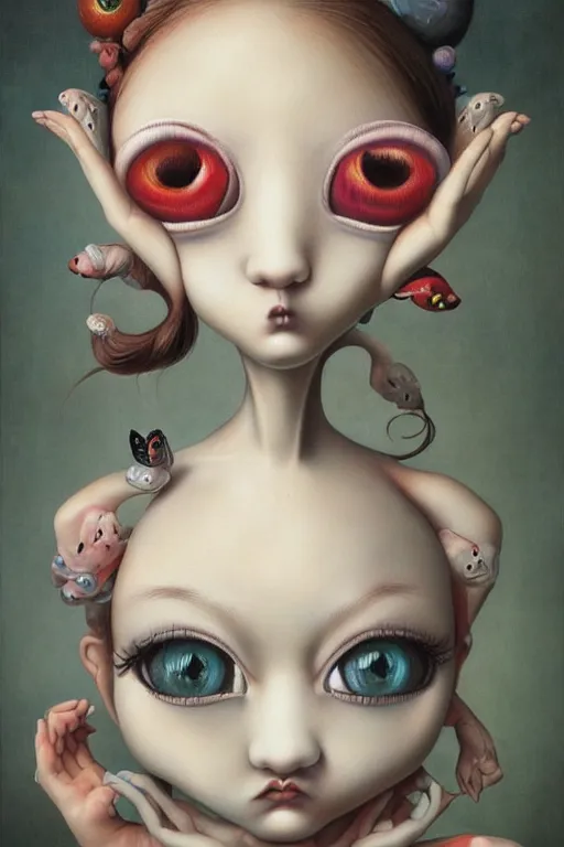 Prompt: pop surrealism, lowbrow art, big eyed realistic cute girl painting, japanese cute fashion, hyper realism, muted colors, trevor brown, mark ryden style