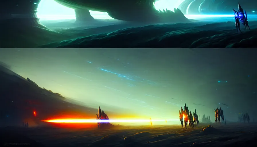 Prompt: paint an epic sci - fi battle scene as sd ai would paint it, in the tyle of tom bagshaw, epic scene on earth like planet surface, glowing light and shadow, cinematic lighting, unreal engine, atmospheric, god lighting, lasers