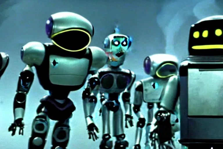 Image similar to a movie still from the 1985 summer blockbuster movie Back to the Robots directed by Steven Spielberg