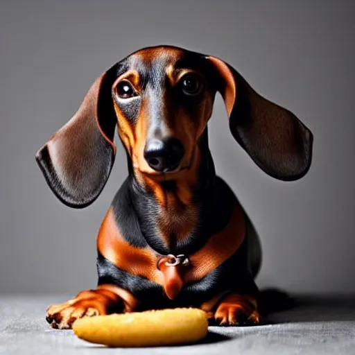 Prompt: a dachshund instead of sausage in a hot dog