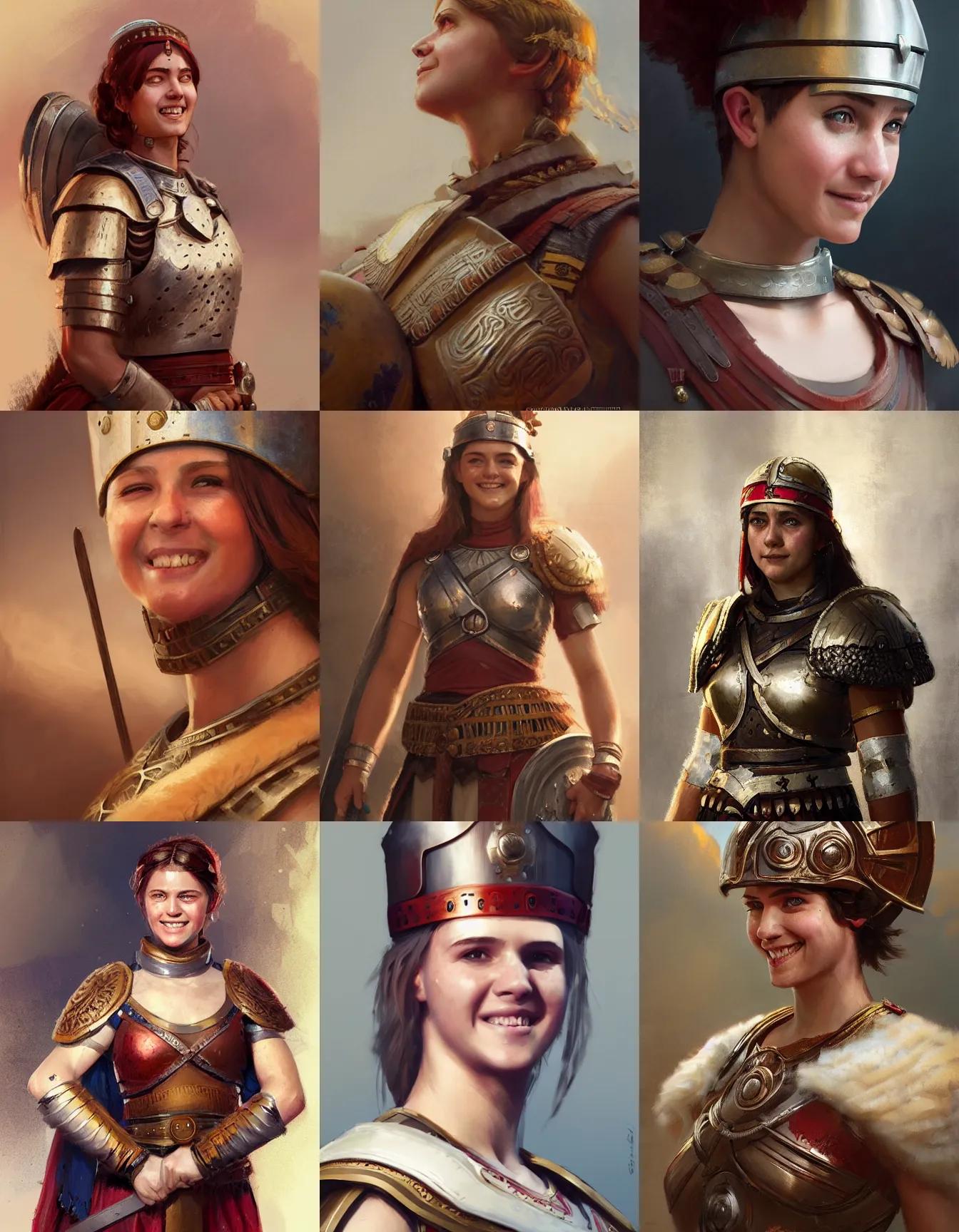 Prompt: young female roman centurion, smiling, digital portrait by greg rutkowski, intricate, soft focus, highly detailed, cinematic, epic, artstation