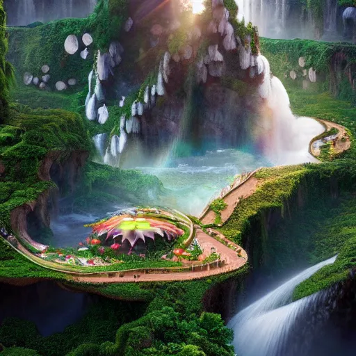 Image similar to waterfall village, by benoit mandelbrot, filip hodas, vincent callebaut, and mike campau