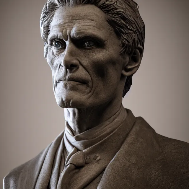 Prompt: photography of a bust of old Wiliam Dafoe made of clay by Sebastian Kruger and Michelangelo, 50mm, studio atmosphere, 8K, rim light, octane render, ultra-realistic